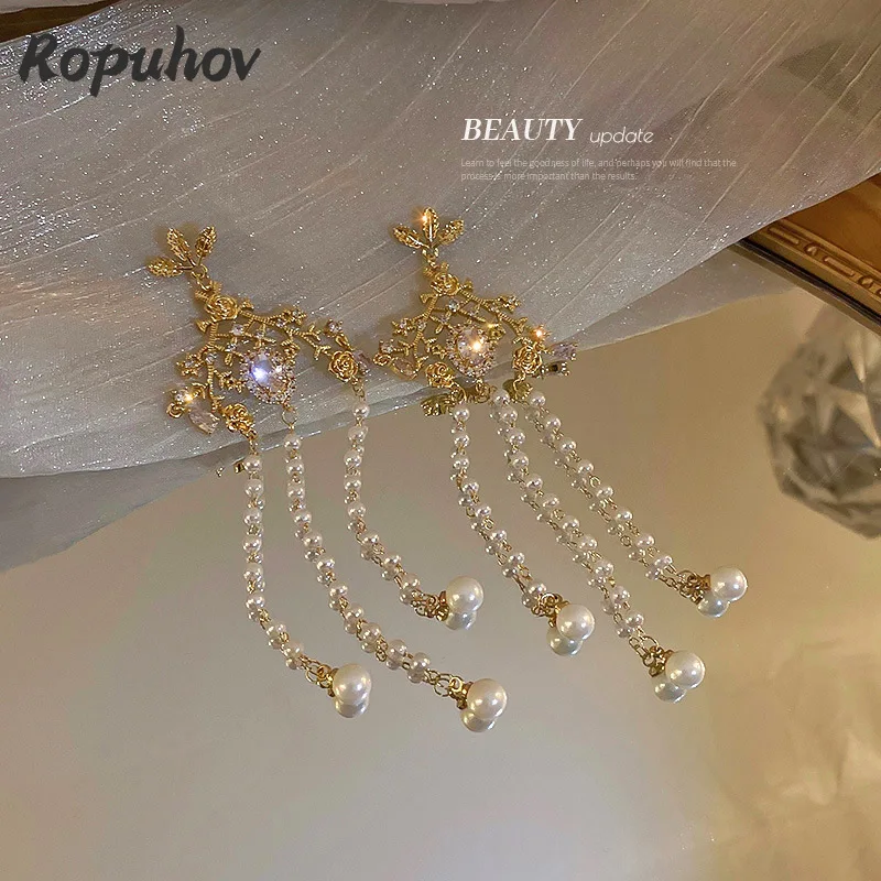 

Ropuhov 925 Silver Needle Diamond Inlaid Pearl Antler Earrings Version Long Tassel Advanced Atmospheric