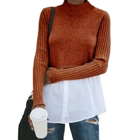 Women 2 In 1 Patchwork Pullover Top Ribbed Long Sleeve Sweater Layered Shirt Hem