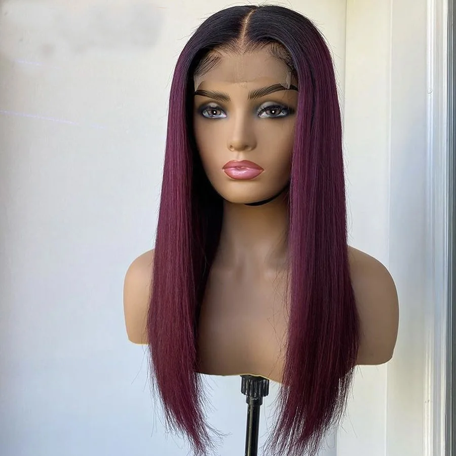 

Омбре Темный винный длинный шелковистый прямой 26 дюймов кружевной передний парик тепловой ежедневный синтетический парик для женщин с дет...