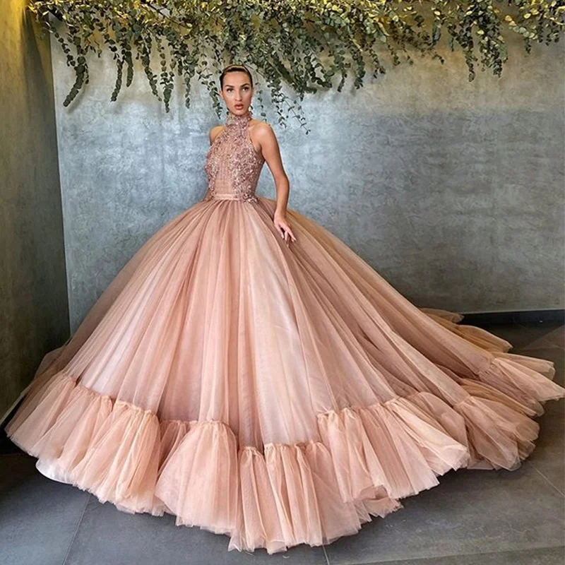 Арабское женское платье для выпускного вечера с высоким горлом розовое