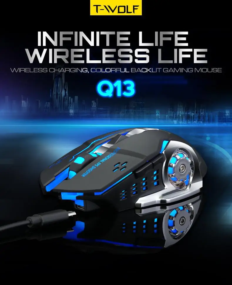 

Q13 2.4GHz Wireless 2400DPI Mouse Rechargeable Silent Backlight Game Mice USB Receiver for PC Laptop Gamer