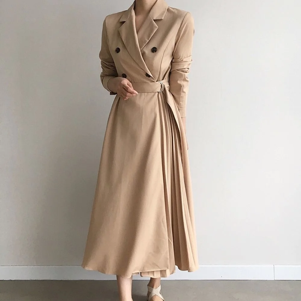 

Женское длинное элегантное платье, простое двубортное платье с поясом на весну и осень