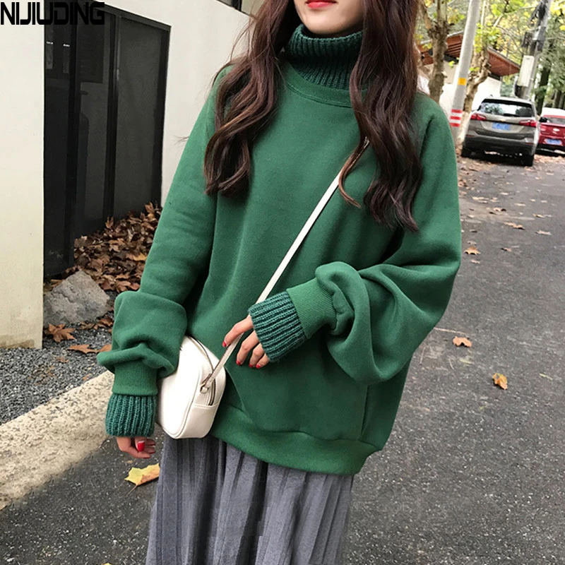 

NIJIUDING Sweatshirts for Womens 2020 Winter Vintage Patchwork Plus Velvet Thicken Fake Two-piece Loose Cotton Liner Top Female