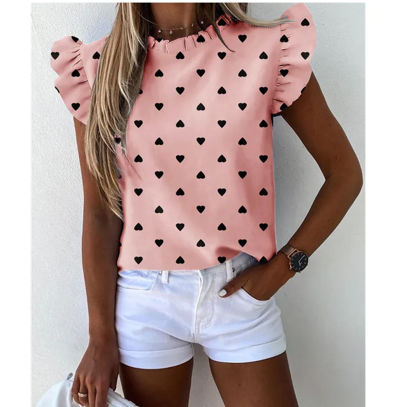 

Women Striped Floral Print Ruffles Blouse 2020 Summer Butterfly Sleeve Shirt Elegant Office Lady O-Neck Tops Blusa Streetwear