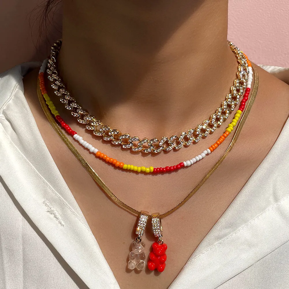 

Flatfoosie Multi-layer Iced Out Crystal Cuban Link Chain Necklace for Women Cute Gummy Bear Charm Beaded Necklace Choker Jewelry