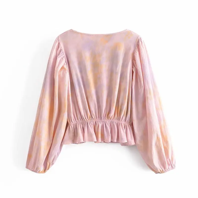 

2021 ZA Summer Women Tie Dye Blouse Long Sleeve Female Loose Single Breasted Thin Top Casual Sweet Ruffles Girls Shirt Blouse
