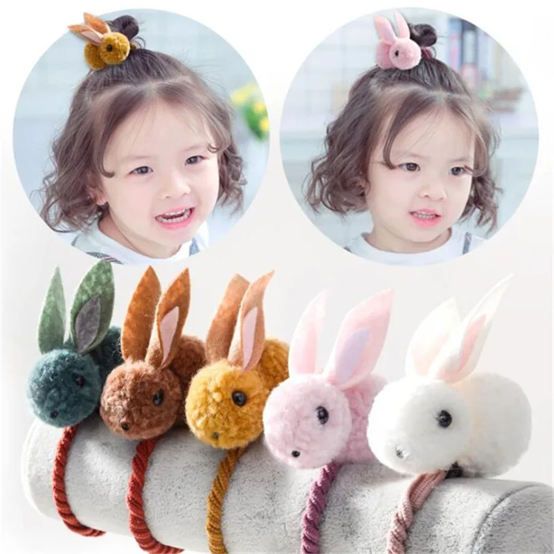 Фото Детские милые эластичные резинки с помпоном в виде шара кролика для девочек