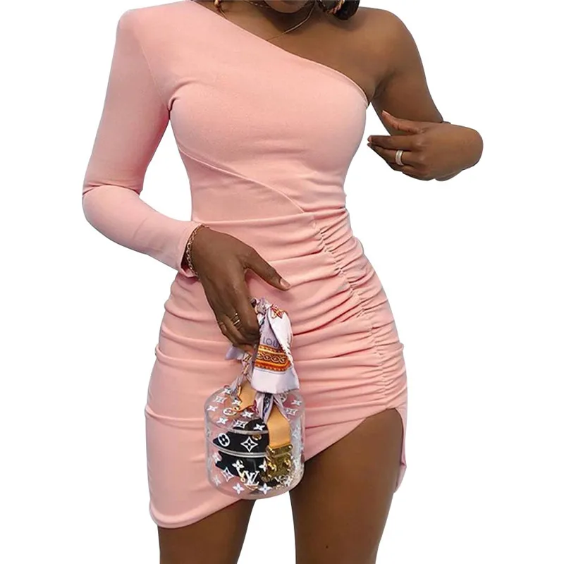 Women One Shoulder Long Sleeve Bodycon Mini Dress For 2021 Sexy Lady Solid Pink Irregular Clubwear Skinny | Женская одежда
