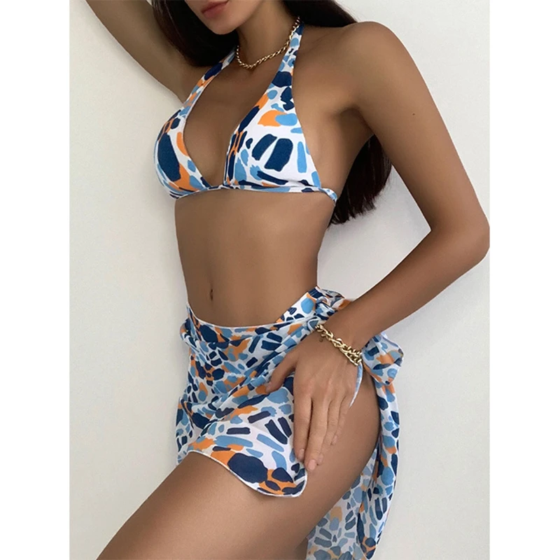 

Женский раздельный купальник из 3 предметов, бюстгальтер с лямкой на шее, стринги с высокой талией и юбка с запахом, летняя пляжная одежда дл...