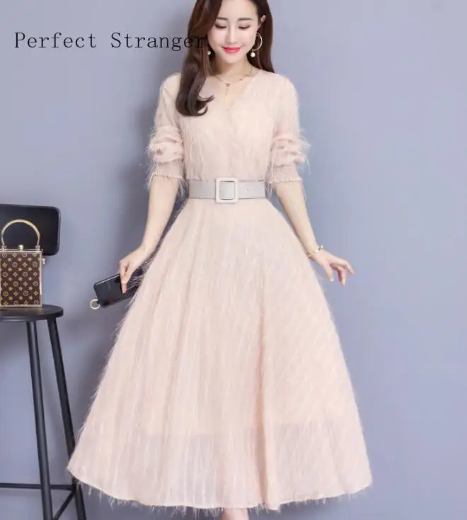 Женское шифоновое платье с поясом Элегантное Длинное Платье V-образным вырезом и