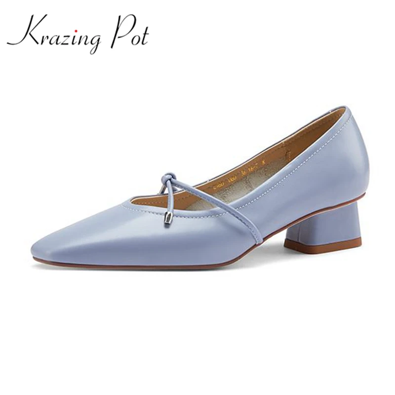 

Krazing Pot full grain leather med heels slip on European square toe streetwear butterfly-knot gorgeous preppy style pumps L60