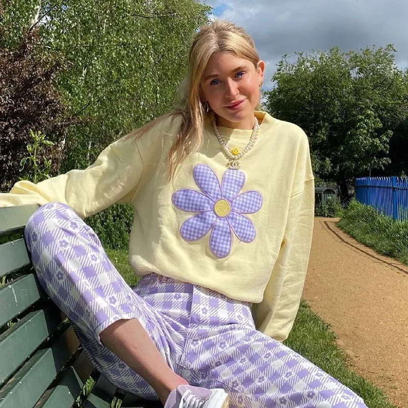 Aesthetic sweet daisy pattern oversized Hoodies y2k Kawaii winter streetwear long sleeve Casual yellow women sweetshirts tops