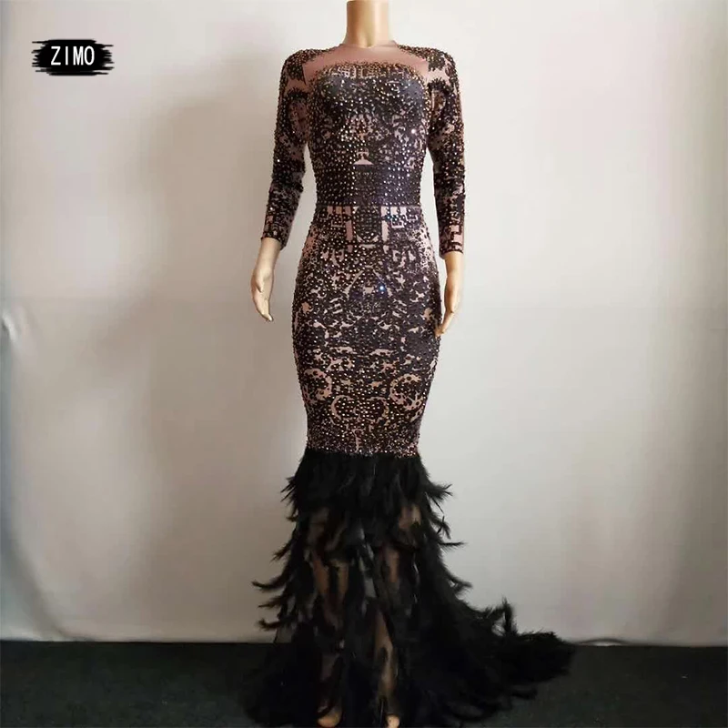 black Feather Dress evening Mermaid sexy women Celebrate dress for wedding party Birthday night club dance Stage festival outfit