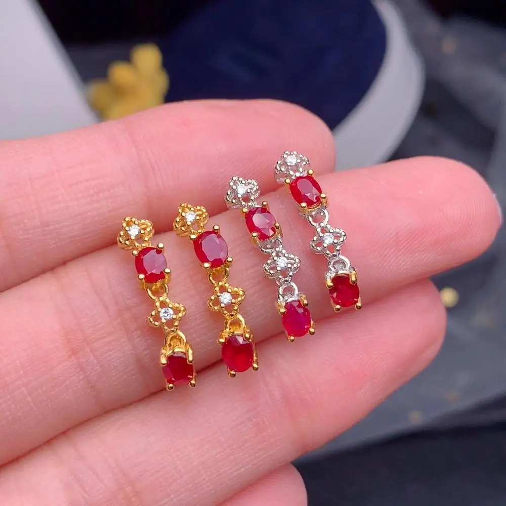 

shilovem Natural real Ruby Gemstone stud earrings for Women 925 Sterling Silver Christmas gift wedding new 3*4mm de0304888agh