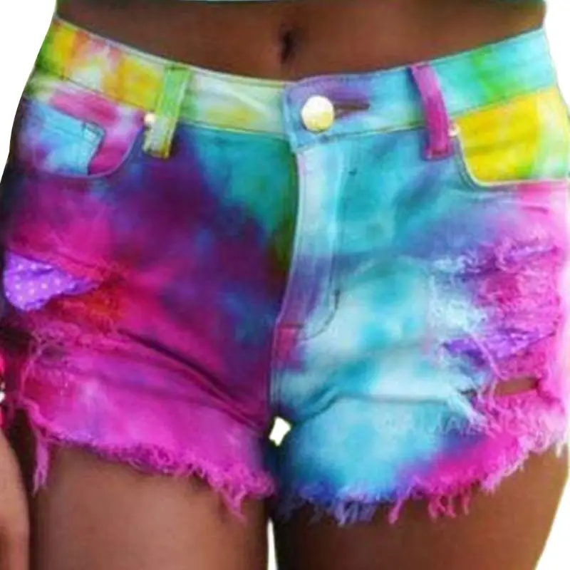 

K3NF Summer Women Casual Sexy Ripped Denim Shorts Rainbow Color Printed Pocket Jeans