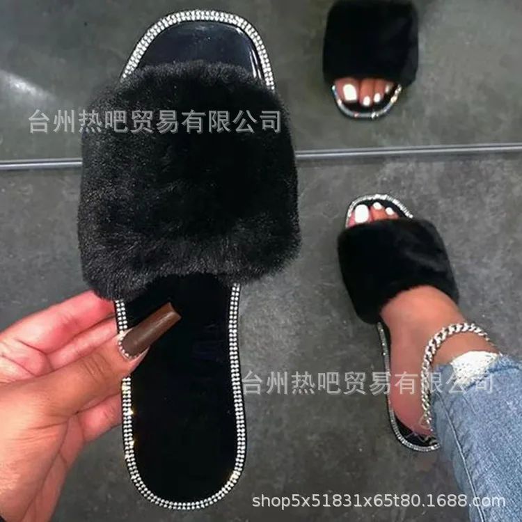 

Slippers new flat-bottomed rhinestone slippers one-line fur slippers fashionable and comfortable versatile personality hot sale