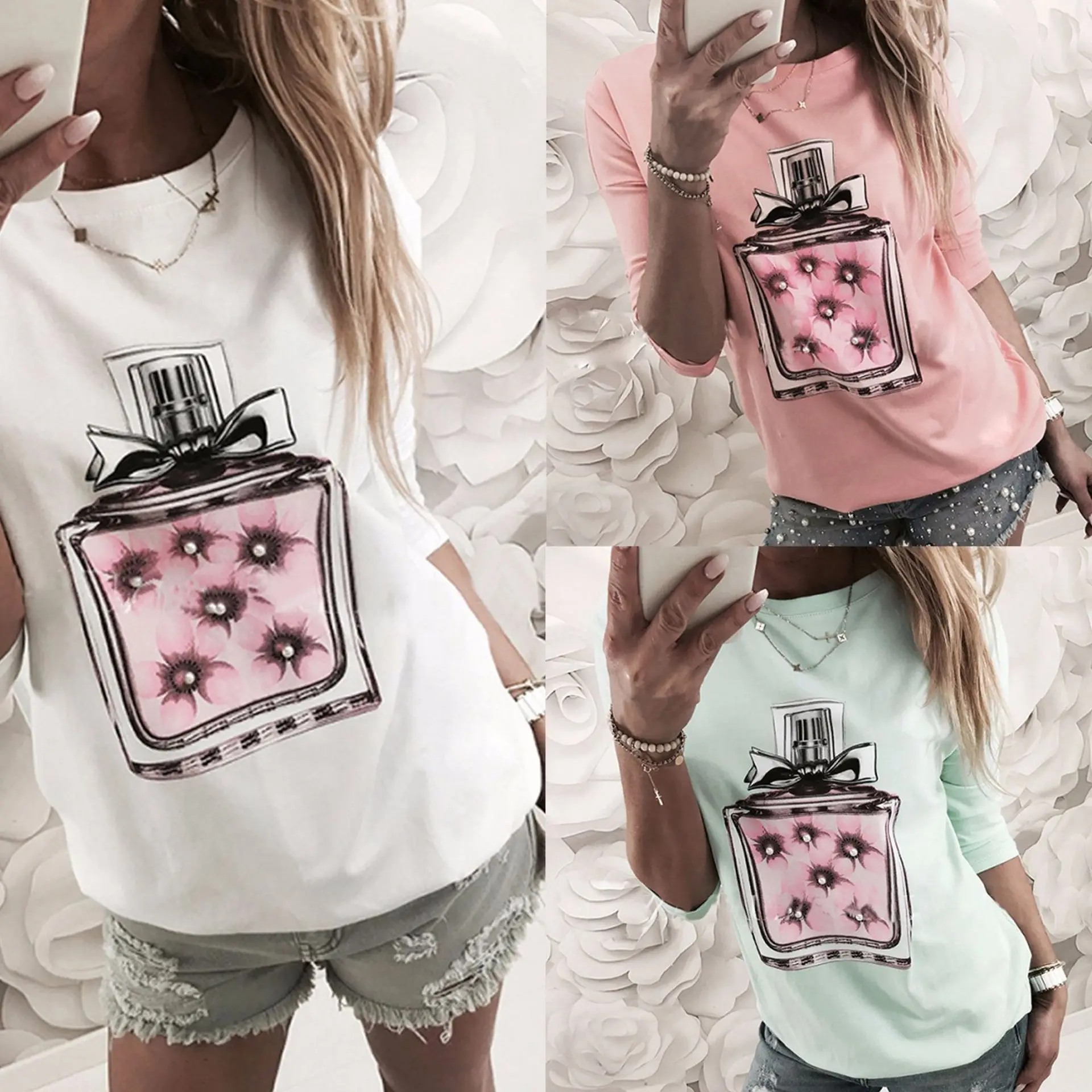 2019 Summer Perfume Printed Round Neck Short Sleeve Tees Women Casual T-Shirt Tops and Shirt | Женская одежда