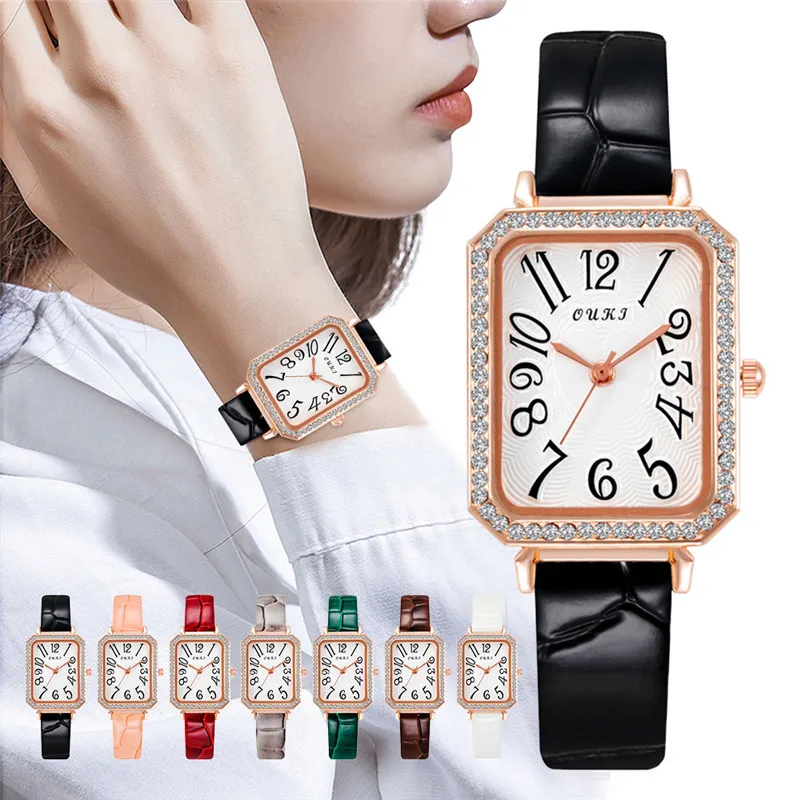 

Часы наручные женские кварцевые с кожаным ремешком, деловые прямоугольные, с цифровым бриллиантовым циферблатом, чёрные