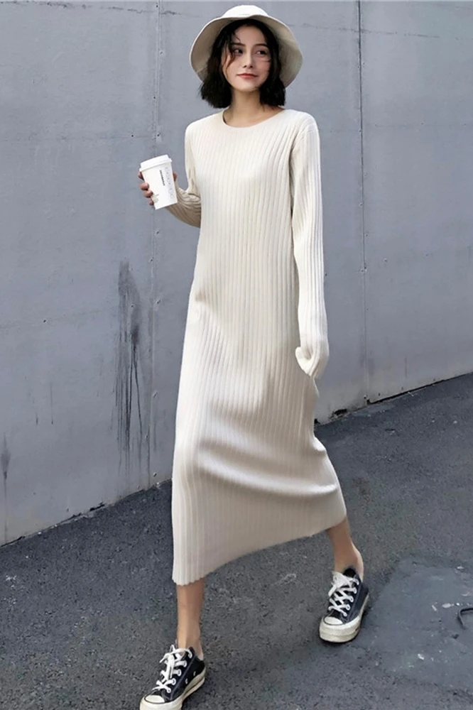 Женское осенне-зимнее Новое вязаное платье средней длины женский свитер с