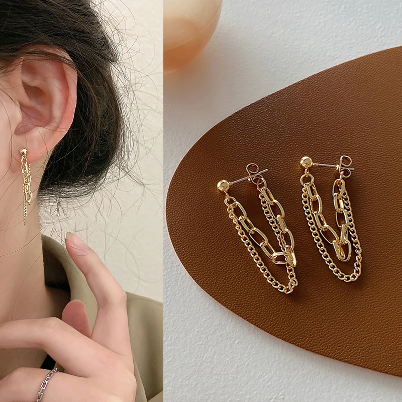 

Linked Chain Tassel Earrings Alloy Retro Women Gold Color Double Layered Statement Jewelry Drop Earrings Metal Earrings Delicate