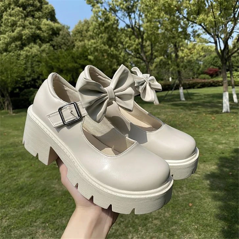

Spring Platform Leather Single Shoes Women Flats Thick Bottom Ladies Wedge Lolita Shoes Bow Oxfords Mary Jane Women Moccasins