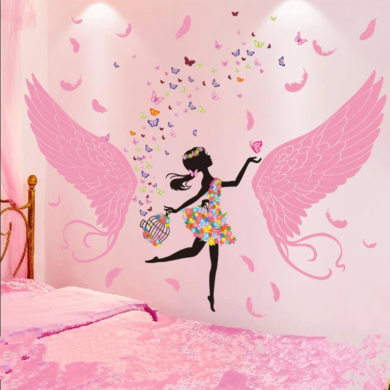 

[SHIJUEHEZI] Cartoon Fairy Girl Wall Stickers DIY Feather Wings Wall Decals for Kids Rooms Baby Bedroom Nursery Home Decoration