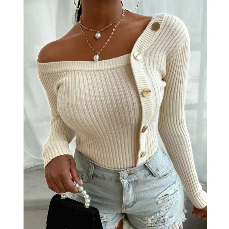 

Women Fashion Button Design Long Sleeve Knitted Sweater
