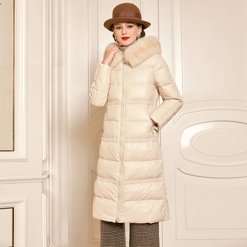 

New arrival real mink fur coat goose down coats Winter fashion female was thin over the knee hooded warm goose down Parkas F1853
