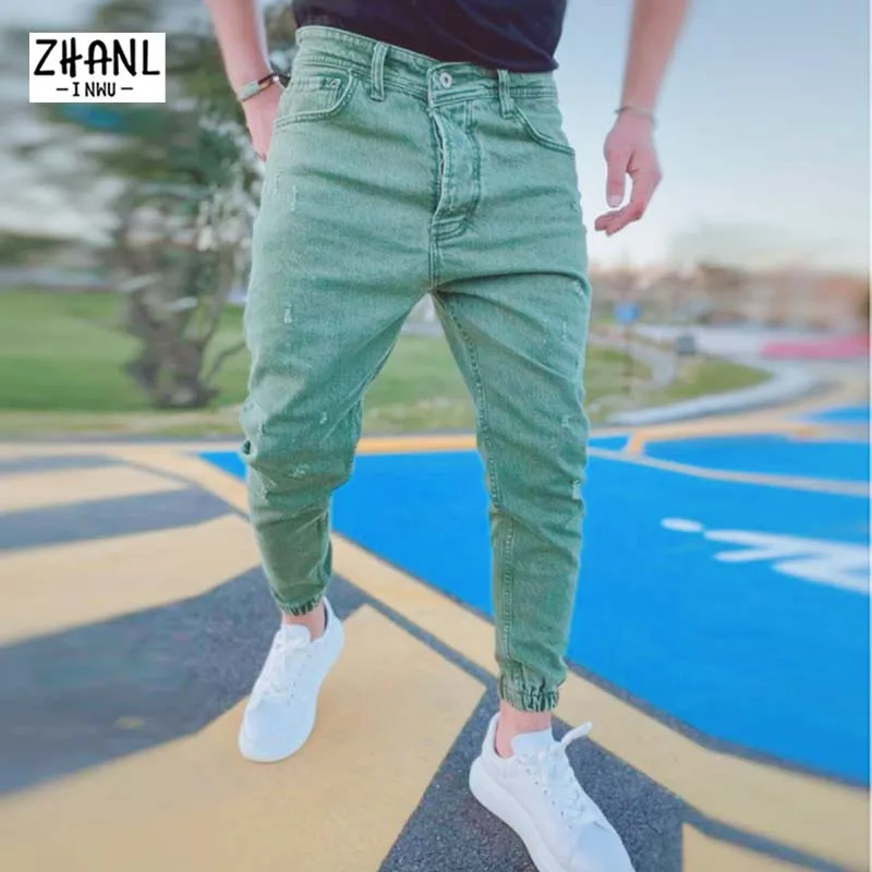 2021 Autumn Men Joggers Cargo Pants for Men Harajuku Cotton Scratched Jeans Biker Casual Denim Trousers Skinny Fit Sweatpants