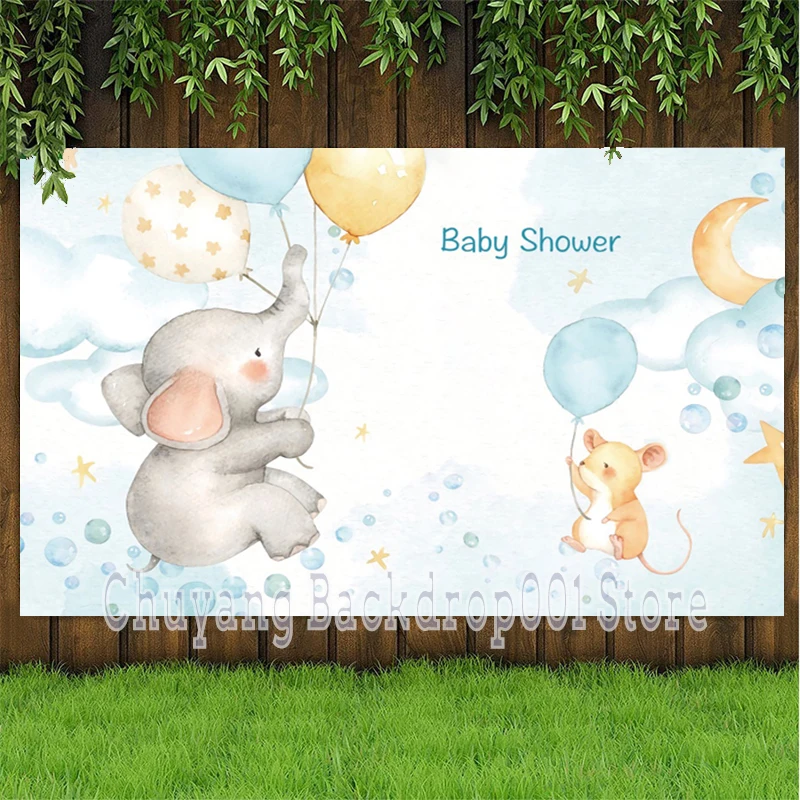 

Light Blue Bubbles Cartoon Elephant Balloons Baby Shower Photo Backdrop Custom Kids 1st 2nd Birthday Party Background Photocall