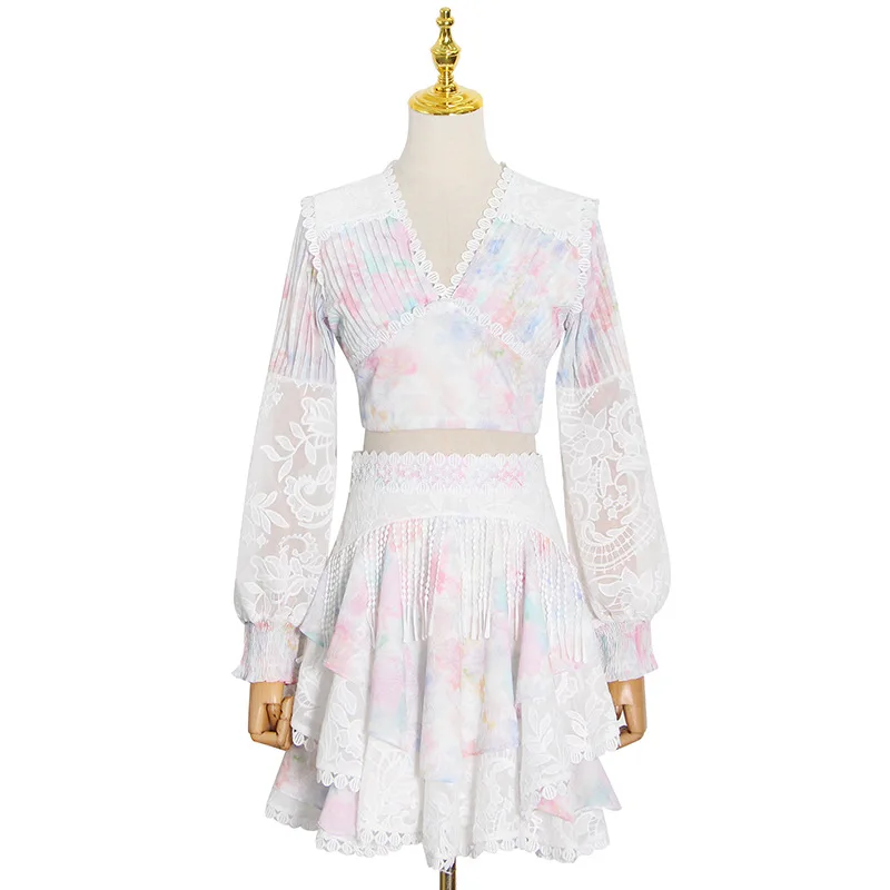 

Sweet Sexy Hollow Flower Out Women Sets Backless Bow V-neck Chiffon Shirts + Cascading Ruffle Pleated Skirts 2021 Summer New