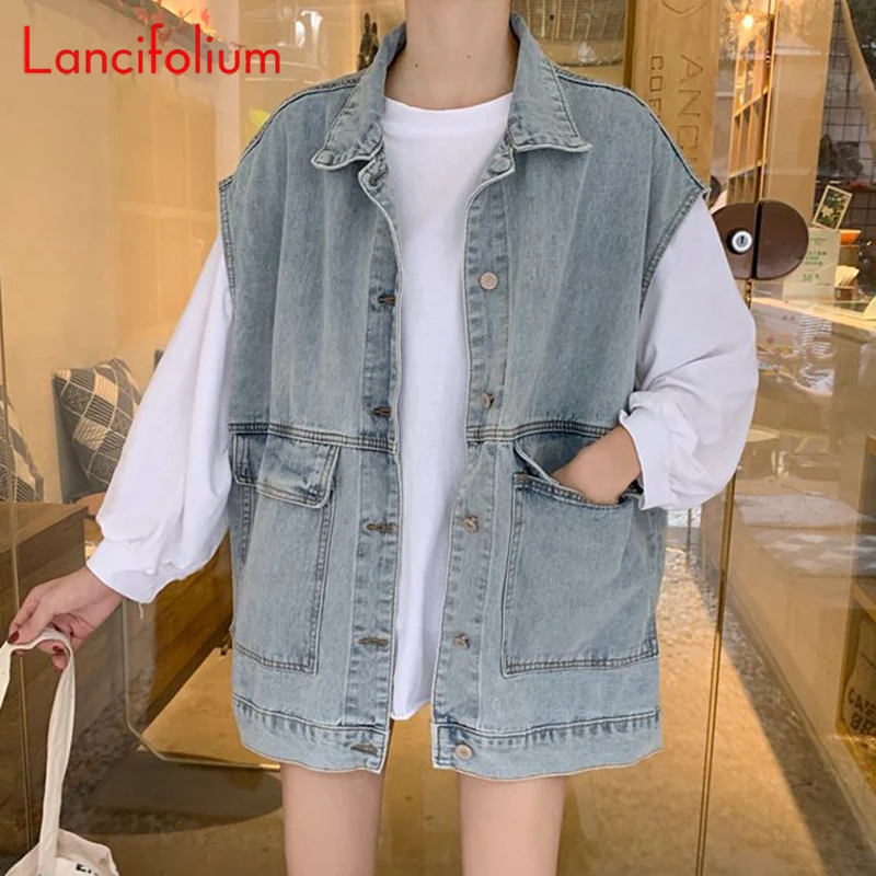 Жилет джинсовый женский безрукавка из денима в стиле K-POP винтажный жакет