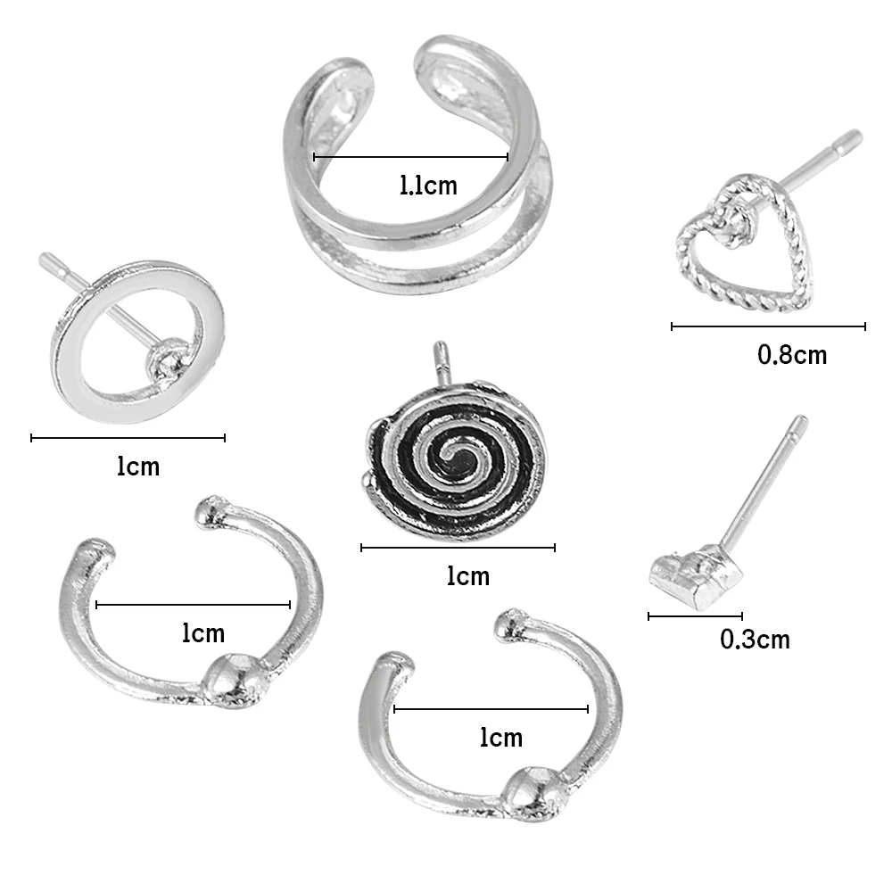 7PCS/Set Vintage Stud Earrings Ear clip Set Women Lovely Charms Collection Heart-shaped Circles Jewelry