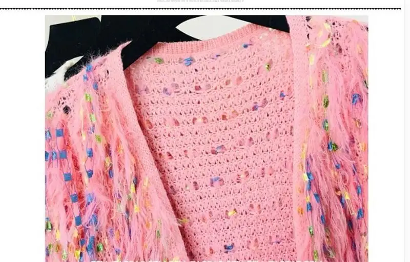 Women Autumn Sequins Tassels Sweater Coat Crocheted V-Neck Fluffy Outwear Color Fringed Velvet Long Knitted Jacket