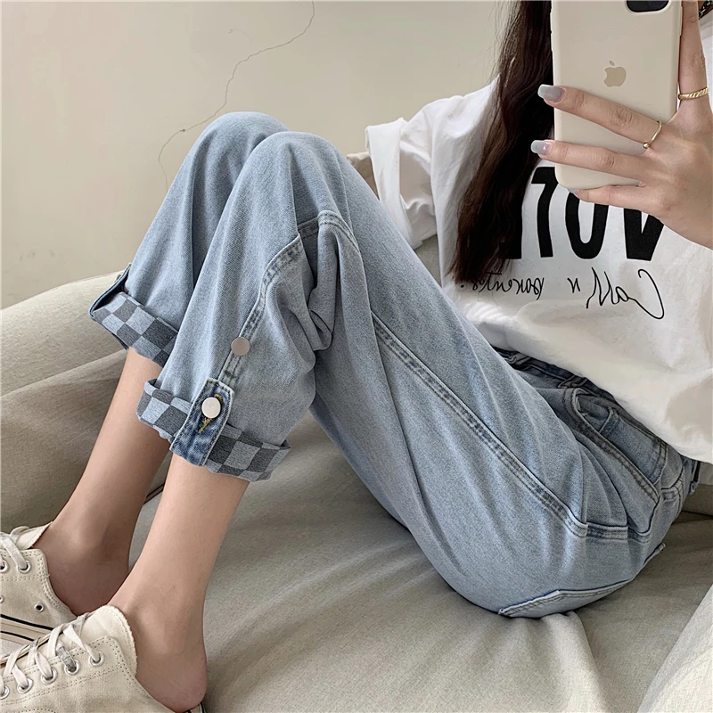 

Flanging Straight Baggy Jeans Women's Cropped Pants High Waist Slim Versatile Wide Leg Daddy Pants Summer