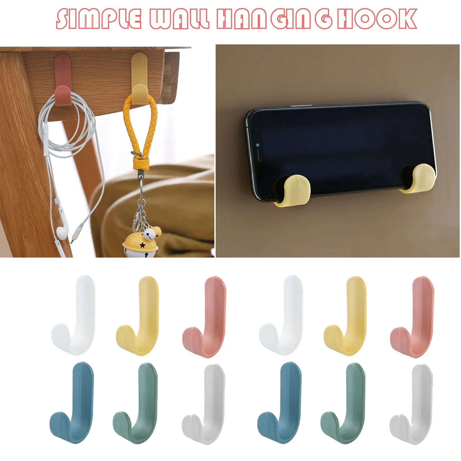 

12pcs Simple Wall-mounted Non-perforated Kitchen Bathroomhooks Behind The Door Clothes Hooks Seamless Hooks