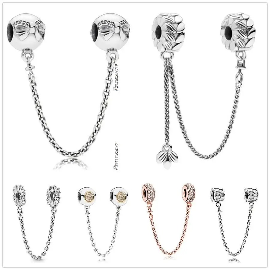 

Original 925 Sterling Silver Two-tone Signature With Crystal Safety Chain Charm Bead Fit Pandora Bracelet & Necklace Jewelry