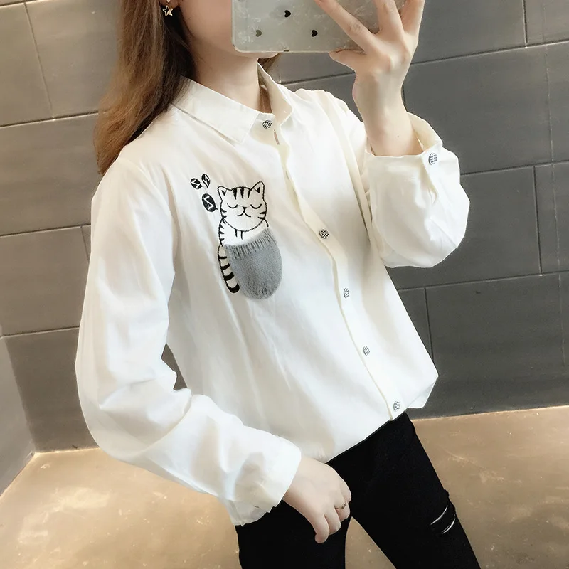 YUPINCIAGA Весна 2020 женская белая рубашка с карманом и вышивкой кошки Свободный Топ