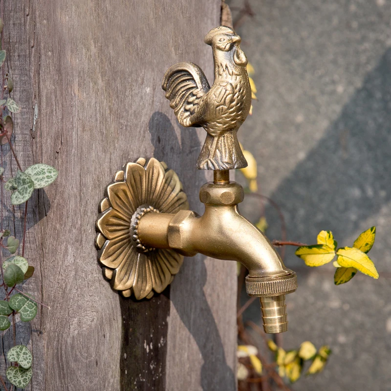 Brass Green Rooster Wall Cool Water Faucet European Home Garden Decor Animal Figurines Copper Single Rotating Straight Faucet