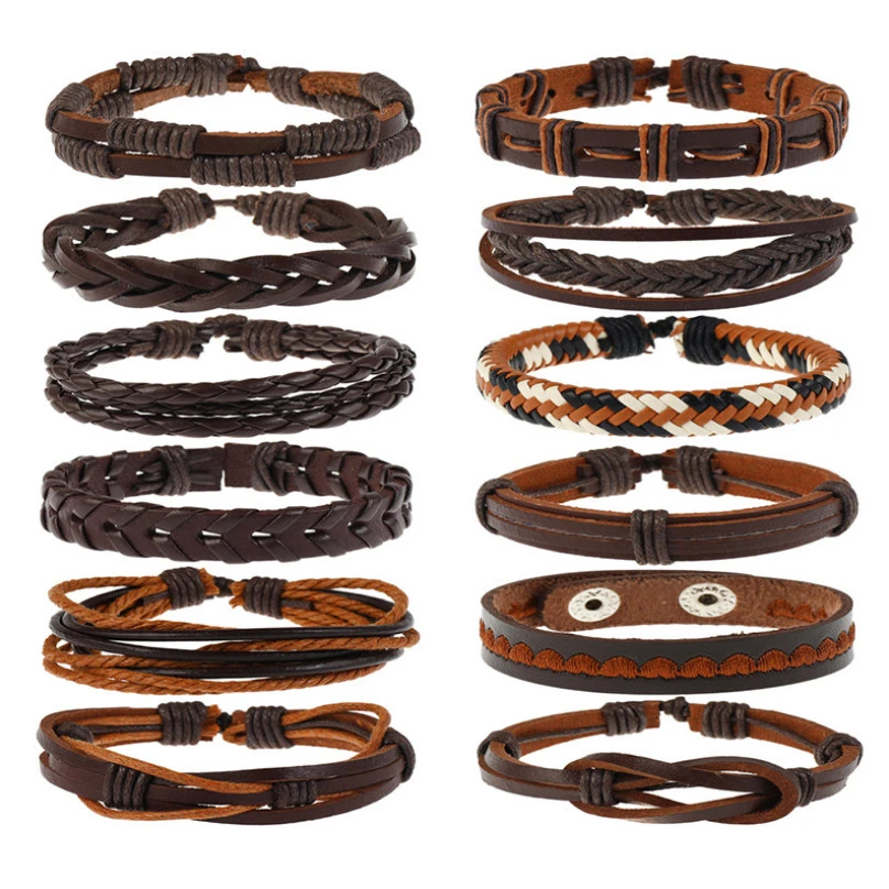

Vintage Retro Hippie Braided Leather Bracelet Set Brown Rope Wrap Charm Customized Wristbands Bangle Ethnic Punk Fashion Jewelry