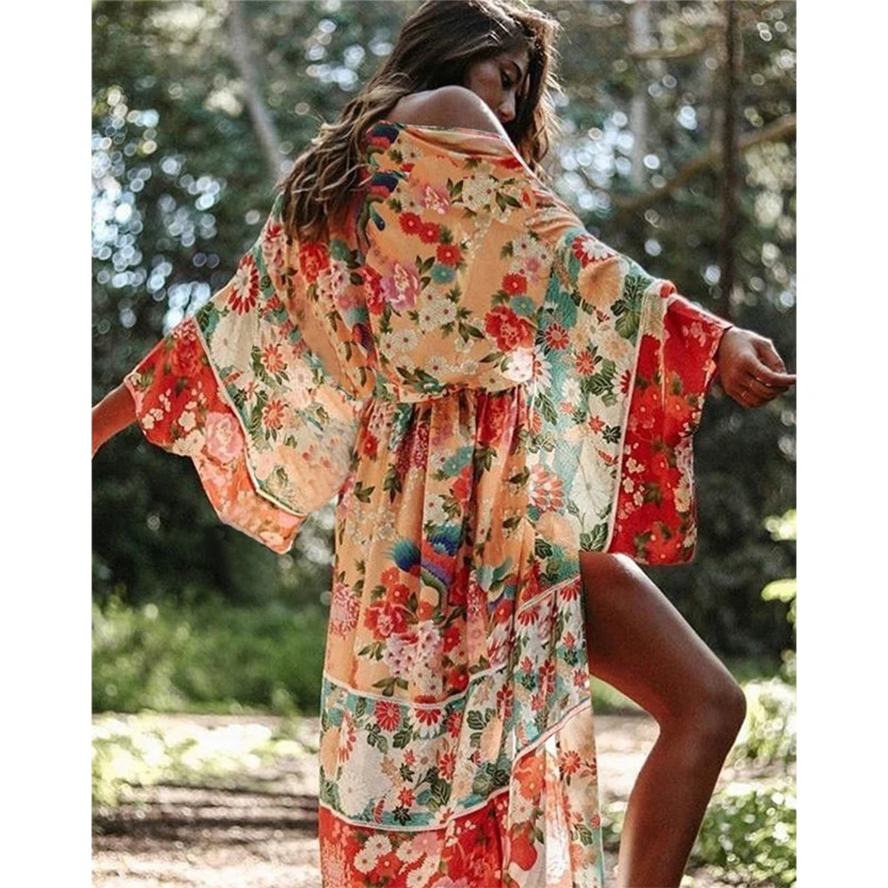Винтажное пляжное платье в стиле бохо с цветочным принтом накидки для бикини