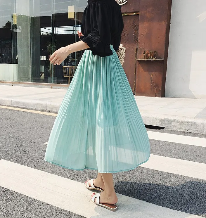 

2021 Summer Woman Skirts High Waist Slim Chiffon Skirts Women A-Line Pleated Skirts Solid Vintage Mujer Faldas Femme Jupes Skirt