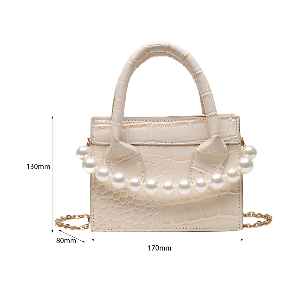 

Retro Women Alligator Pattern Shoulder Bag Casual Pearl PU Messenger Handbags Purse Chain Rectangular Crossbody Handbag