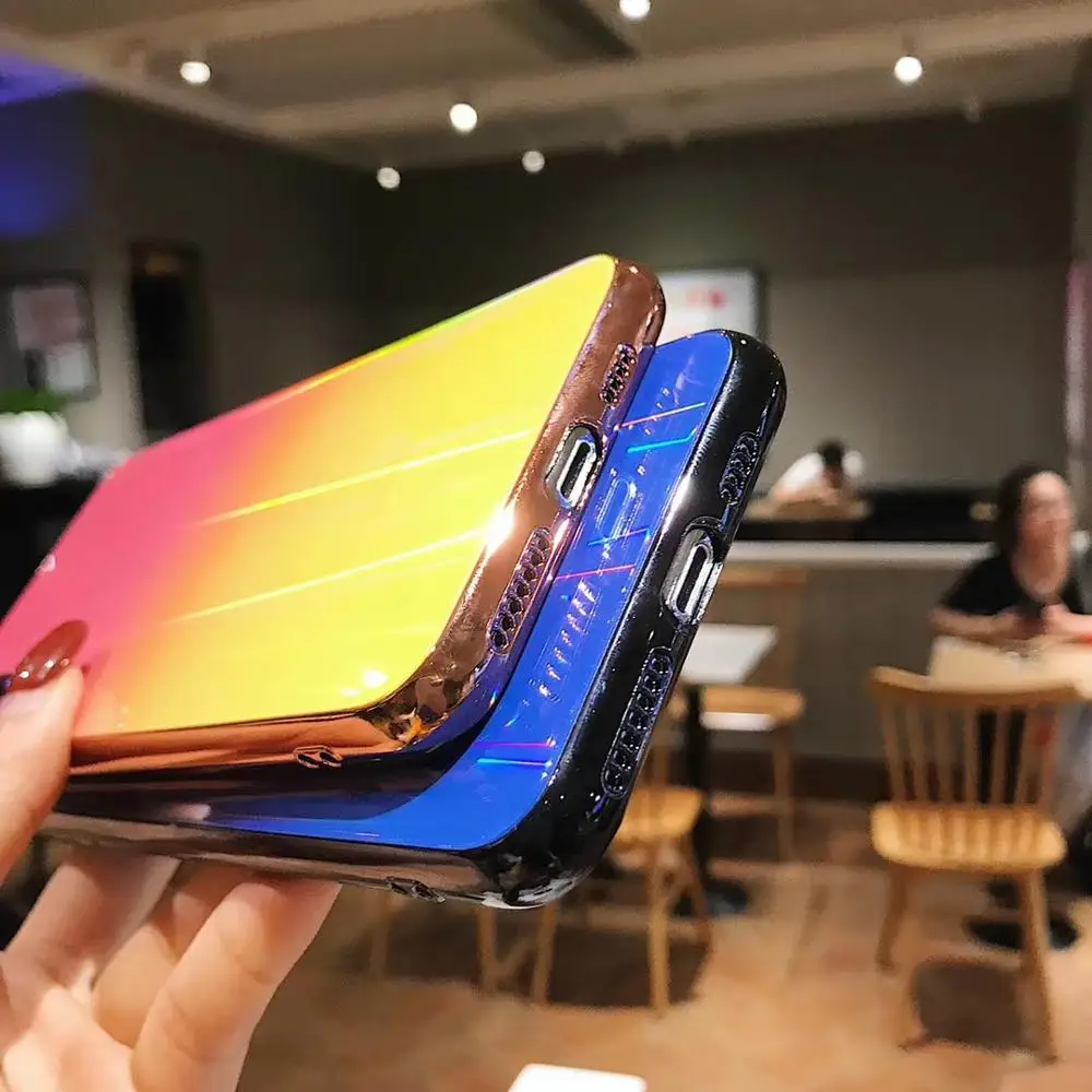 Gradient Rainbow Laser Holographic Shimmer Case for iPhone X XS Max XR Hard Glass Cover 8 7 6S Plus Light reflections Hull |