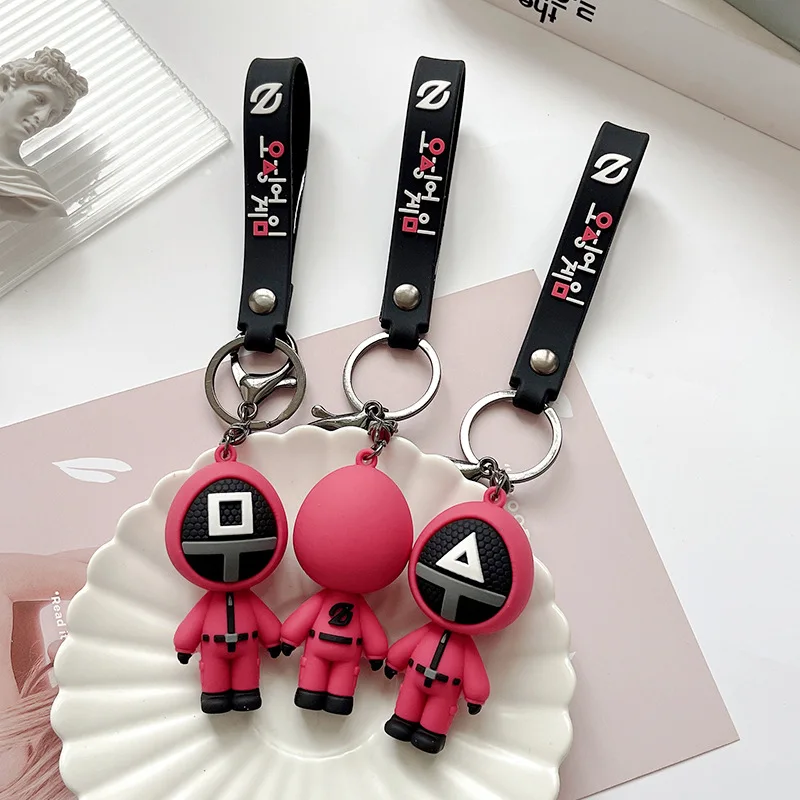 LLavero de PVC con m&aacute;scara de juego de calamar para hombre y mujer, accesorio de Cosplay, seis llaveros redondos, regalo, novedad de 2021-0