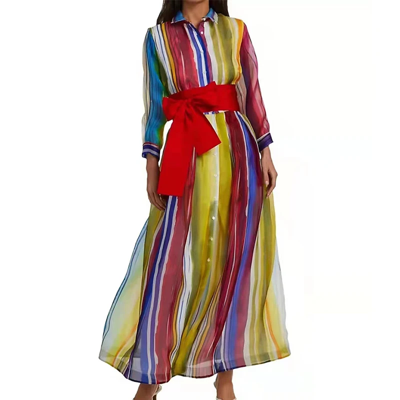 

2022 Spring Fashion Designer striped Shirt Dress Women Single Breasted with Belt Long Sleeve Office Lady Dresses