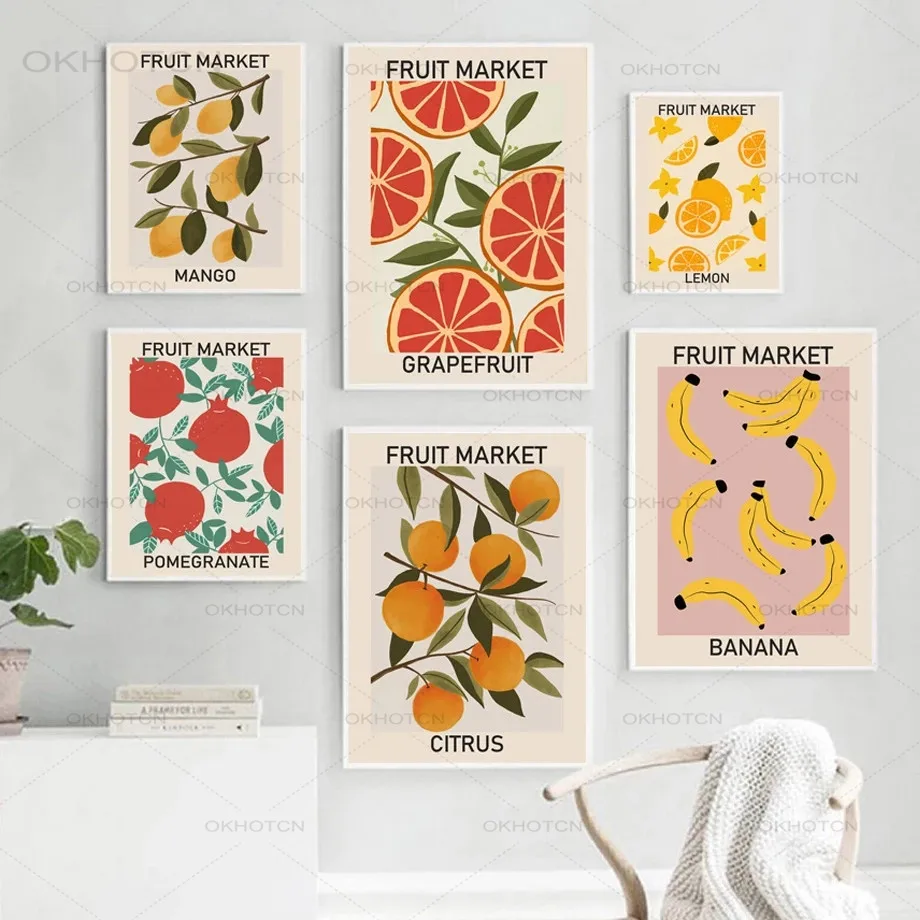 

Retro Poster Fruit Market Cherry Lemon Juice Banana Banana Orange Print Mural Art Canvas Painting Mural Kitchen Decoration