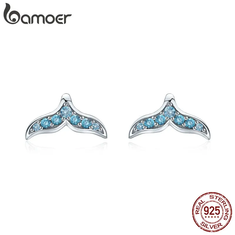 BAMOER,, 925 пробы, серебро, голубой циркон, хвост русалки, маленькие серьги-гвоздики для женщин, серебряные ювелирные изделия BSE058