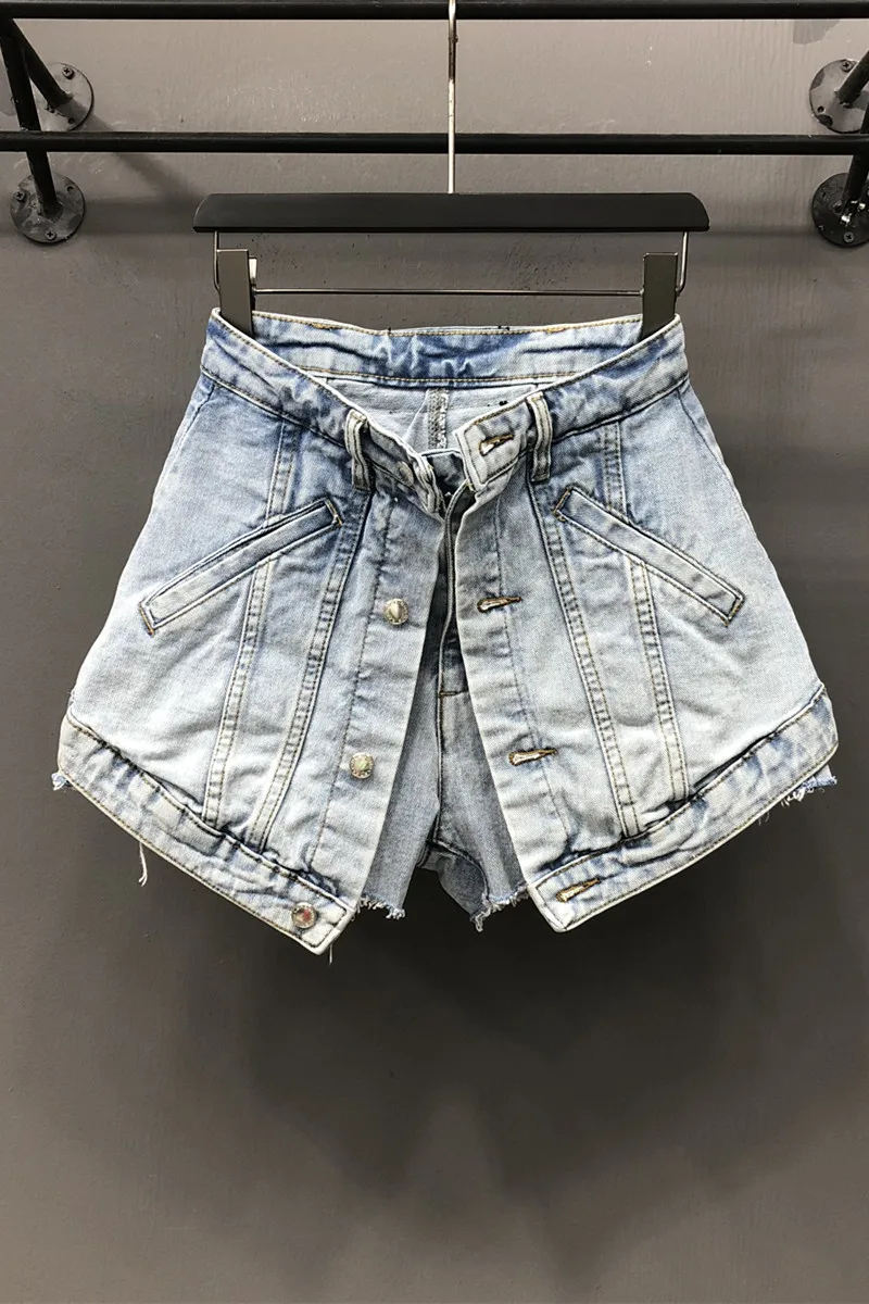 

Solid Hot Pants Women's Fake Two Pieces Of High Waist A-line Thin Denim Shorts Street Style Mall Goth 2021 Summer
