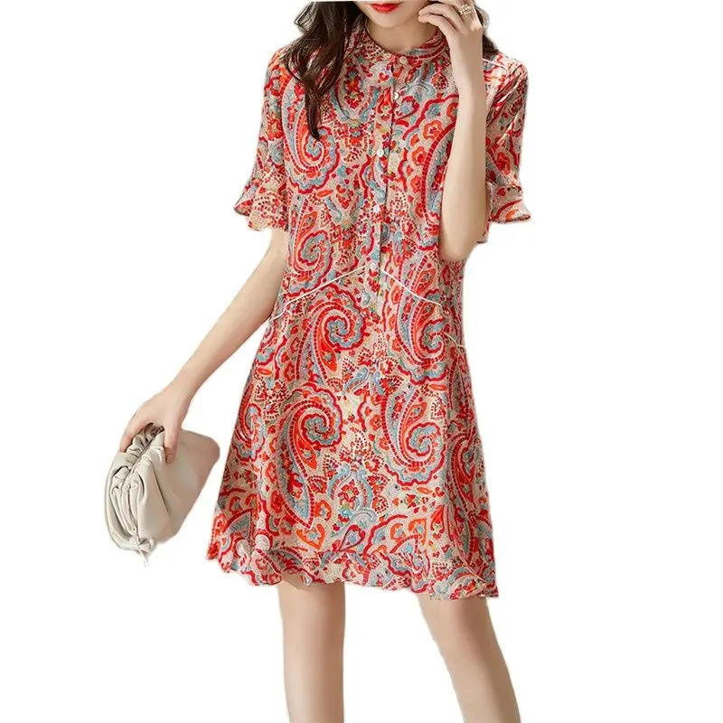 

Женское шифоновое платье с принтом в виде листьев лотоса, элегантное платье с коротким рукавом, модель F767 на лето, 2021